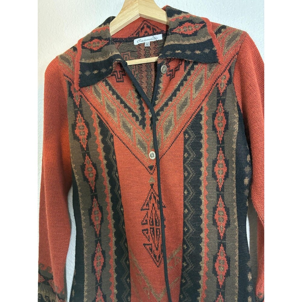 Caamano Cardigan Sweater Womens M Orange Alpaca Hand Knit Aztec Western Peru - Picture 10 of 16